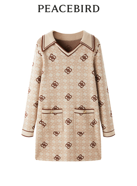 太平鸟女装春季老花纹样翻领厚款长袖连衣裙A1FAD4626