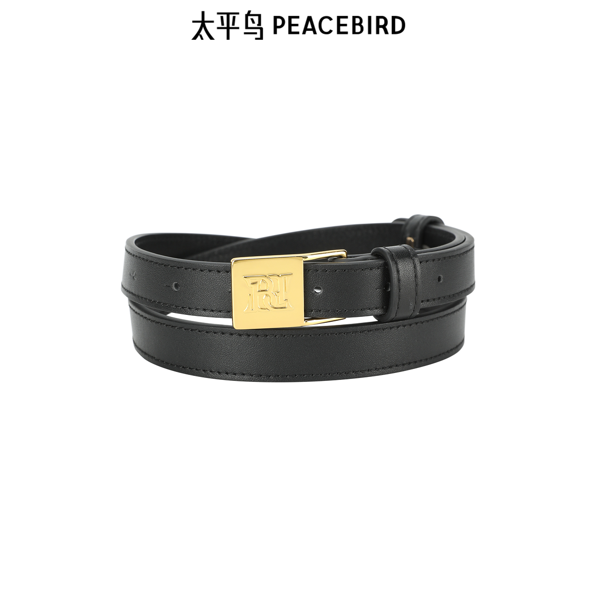 太平鸟女装黑色皮革腰带简约复古时尚装饰设计感金属扣