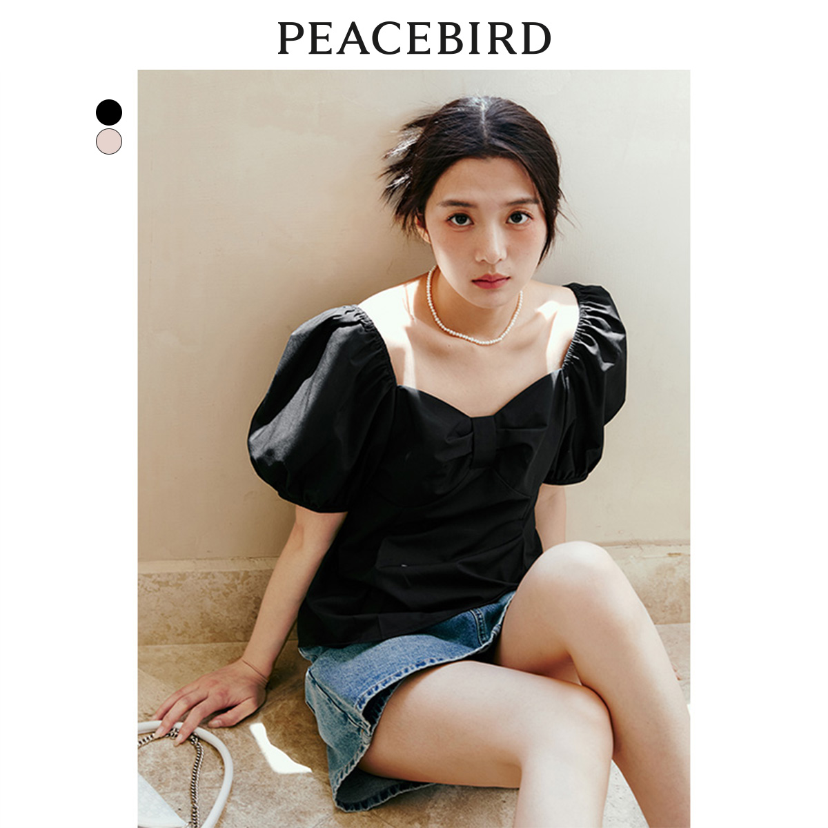 太平鸟泡泡袖蝴蝶结上衣女短袖法式夏装一字肩短款气质奥莱
