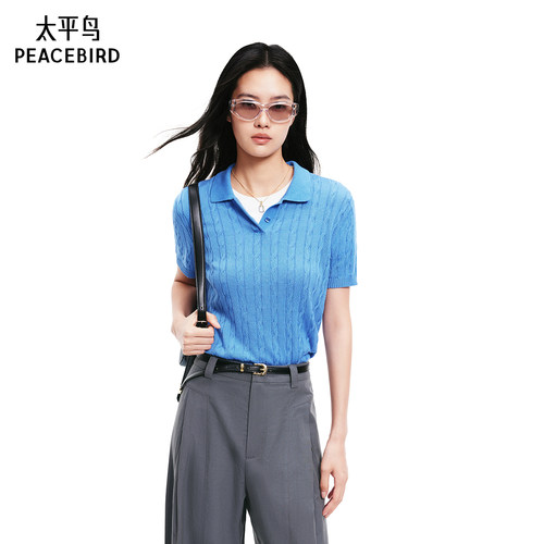 太平鸟女装夏季通勤风合体修身简约镂空绞花短袖针织衫A1EEF2116
