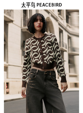 太平鸟冬季合体纹样开衫休闲圆领针织衫A3EDE4490