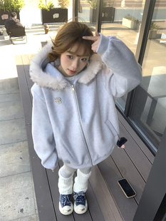 美式复古高街毛领连帽开衫卫衣外套女春秋2025oversize韩系慵懒风