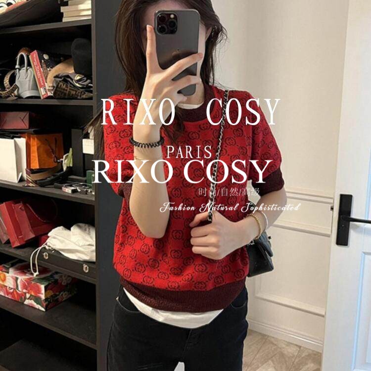 RIXO COSY 红色本命年针织短袖恤女小个子休闲内搭打底衫上衣