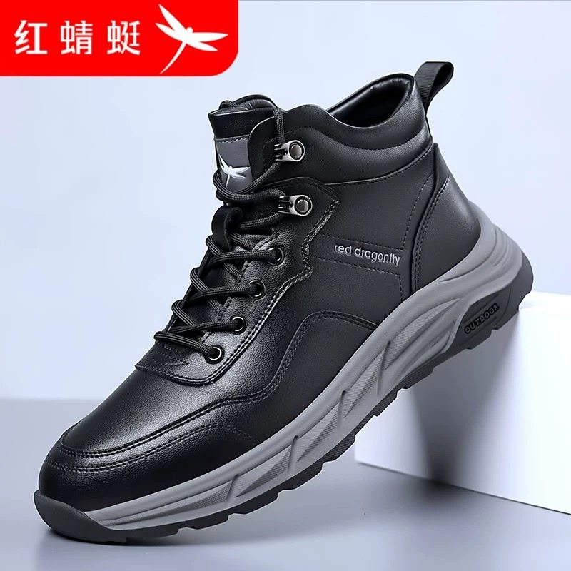红蜻蜓男鞋春秋新款皮鞋时尚百搭真皮休闲鞋2025高帮内增高鞋子男