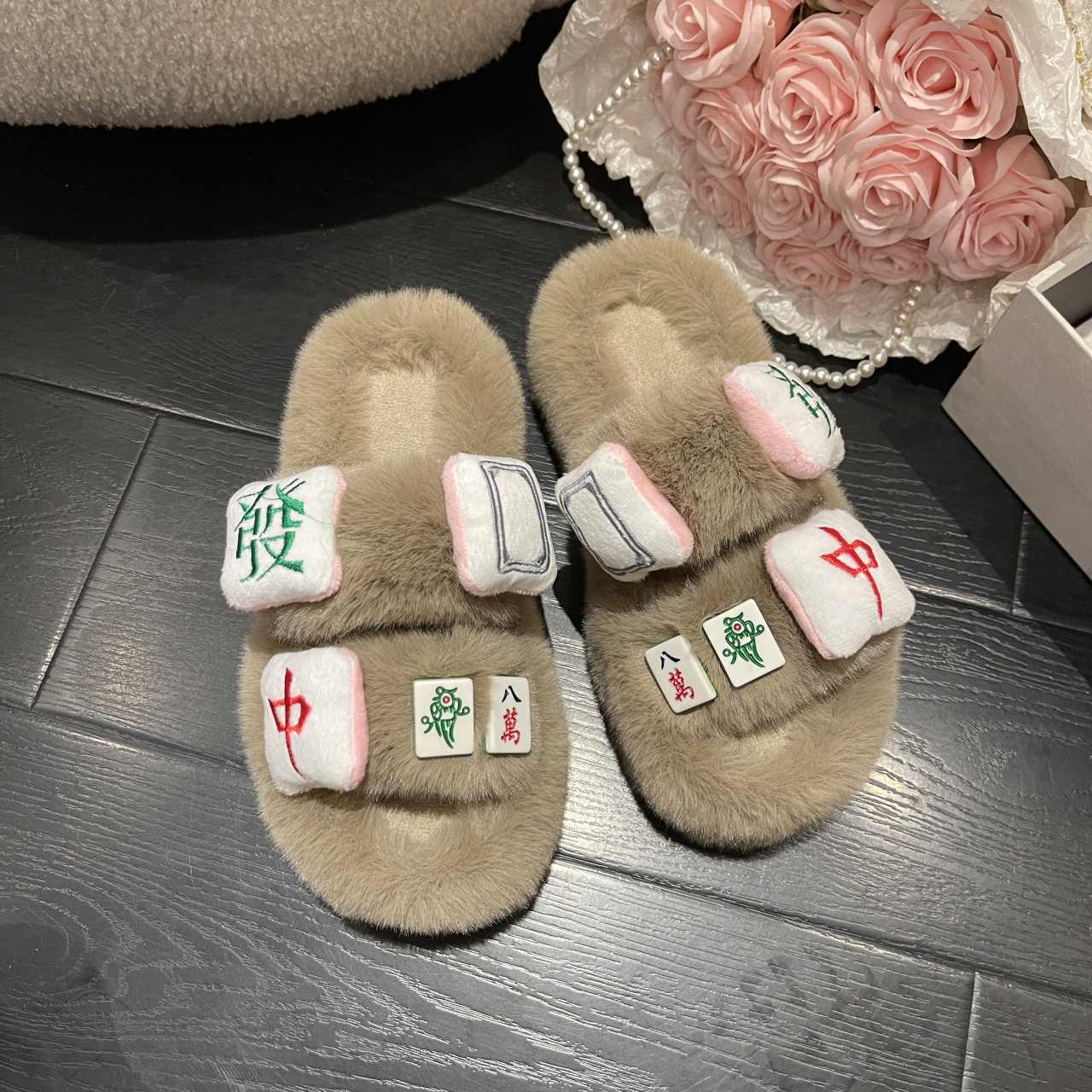 网红同款毛毛拖鞋女外穿秋冬韩版新款麻将棉拖松糕厚底家居一字拖