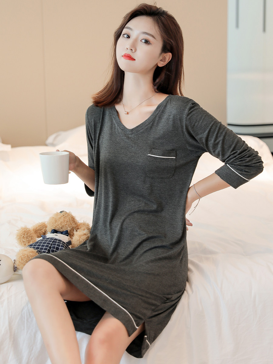 Night dress women's spring and autumn modal long sleeve large size loose maternity pajamas Women's summer night dress thin section can be worn outside the long version