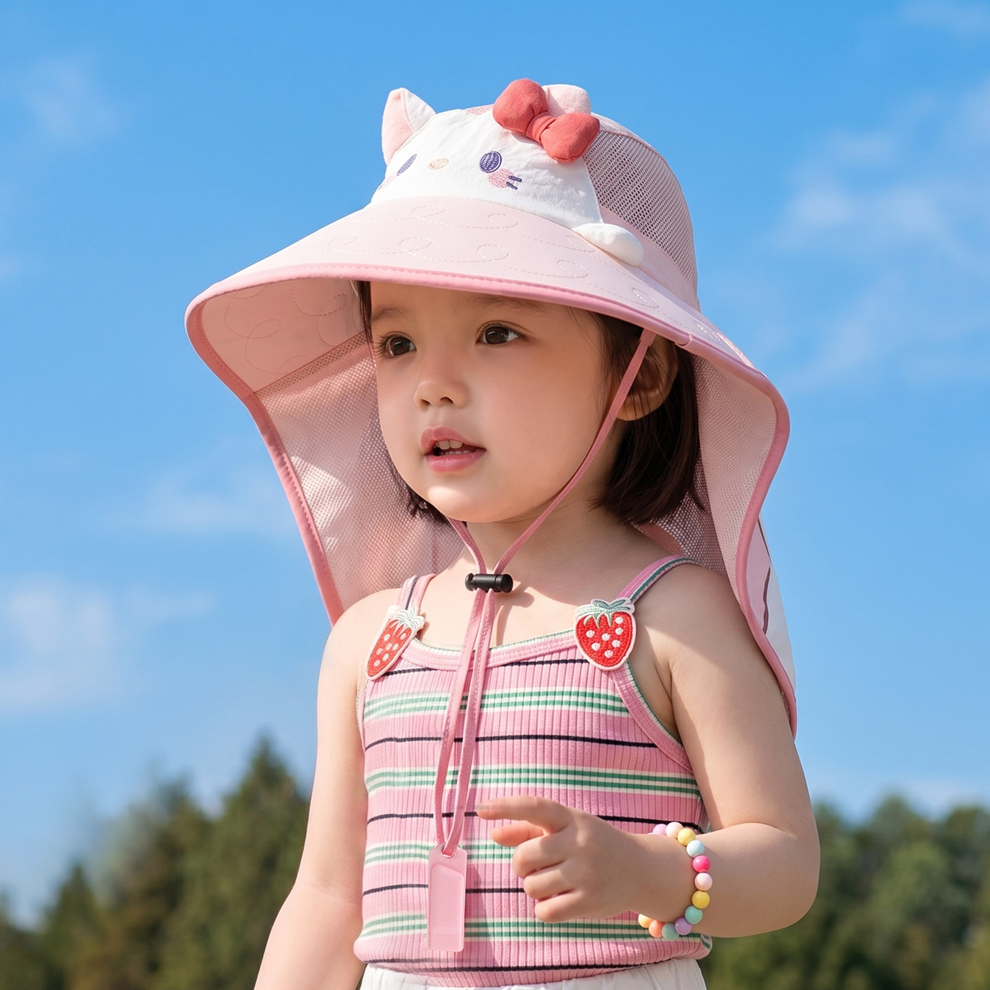 儿童防晒帽夏季宝宝帽子猫咪女童遮阳帽网眼透气披肩帽男童渔夫帽
