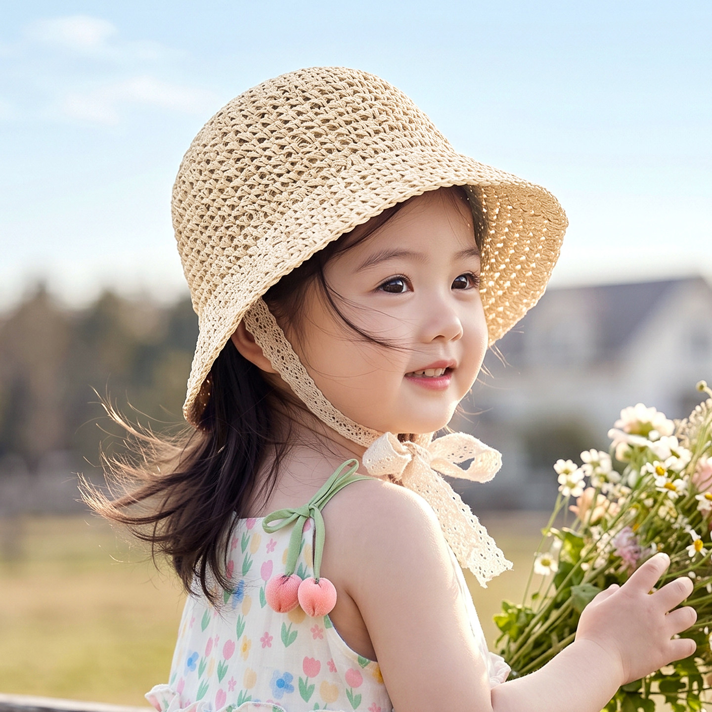 女童草帽宝宝防晒帽夏季儿童帽子手工编织婴儿遮阳帽太阳帽小女孩