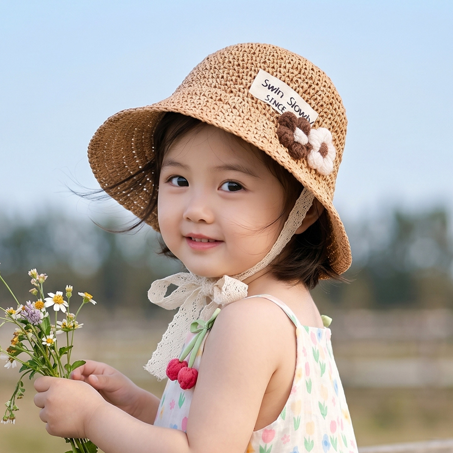 女童草帽宝宝帽子儿童防晒帽夏季田园风女孩遮阳帽花朵婴儿渔夫帽