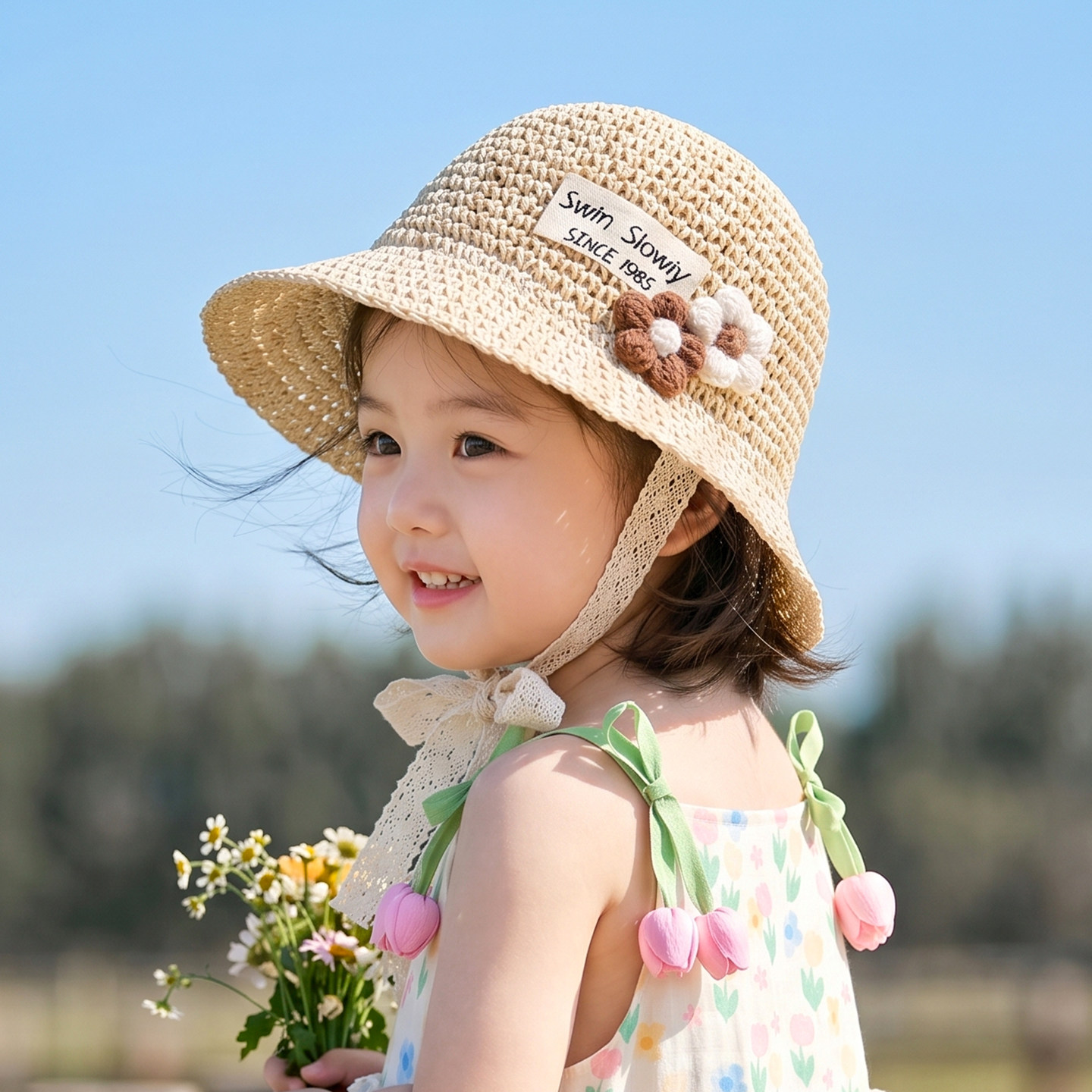 宝宝防晒帽女童草帽夏季儿童帽子编织婴儿遮阳帽花朵小女孩公主帽