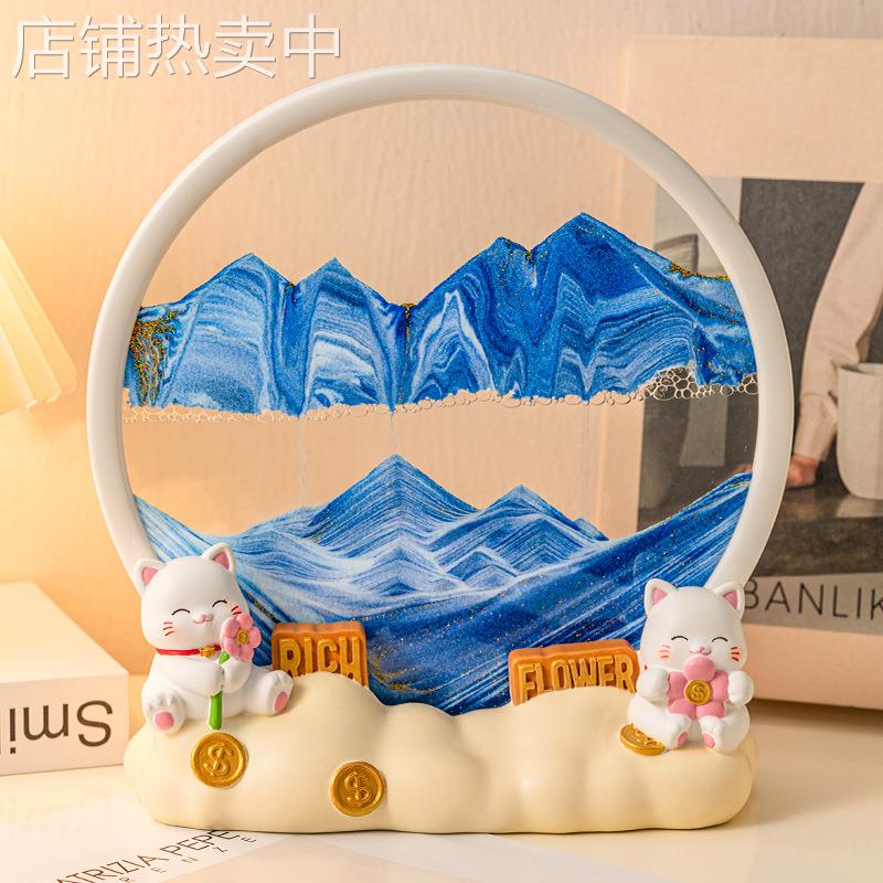 创意招财猫流沙画客厅摆件 3D立体沙漏办公室酒柜山水画装饰礼物