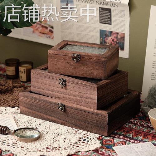 源头桌面海棠玻璃收纳盒木质桌上杂物整理盒子文件摆件储物柜