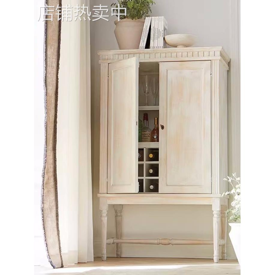 法式实木玻璃酒柜中古餐边柜美式复古怀旧书柜古董装饰柜瓷器柜