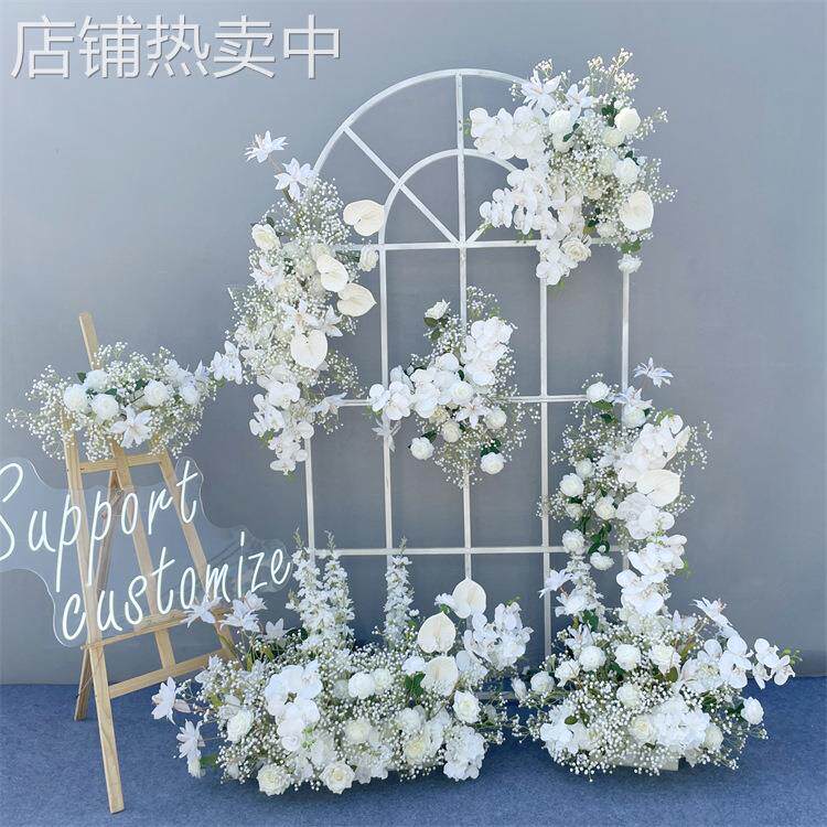 跨境橱窗背景花拱门假花白色拱门背景白玫瑰满天星款花拱门