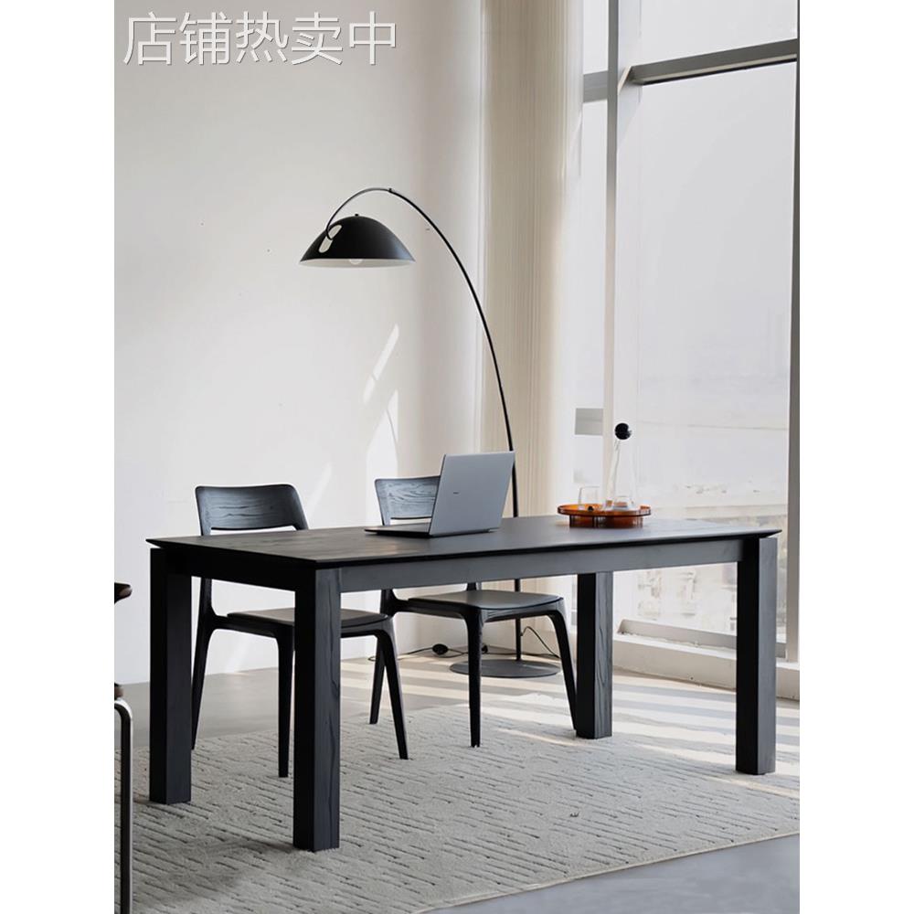 侘寂风白蜡木原木长条桌餐厅实木餐桌长方形家用饭桌子黑色会议桌