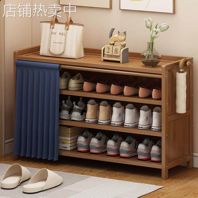 鞋架子家用简易门口收纳现代简约收纳柜实木多层带帘防尘鞋柜