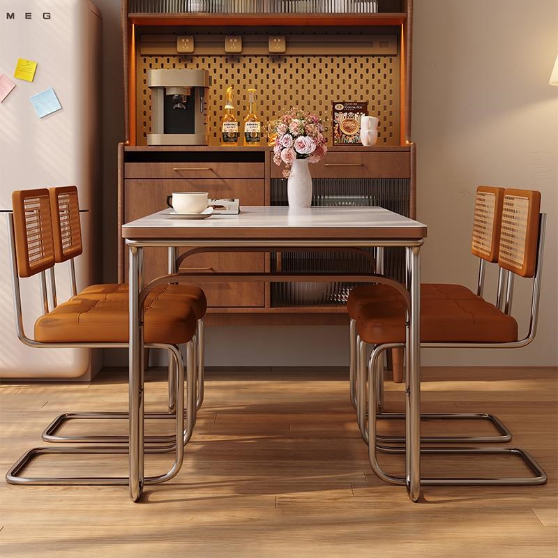中古风实木岩板餐桌家用现代简约小户型不锈钢腿餐桌椅.组合长方