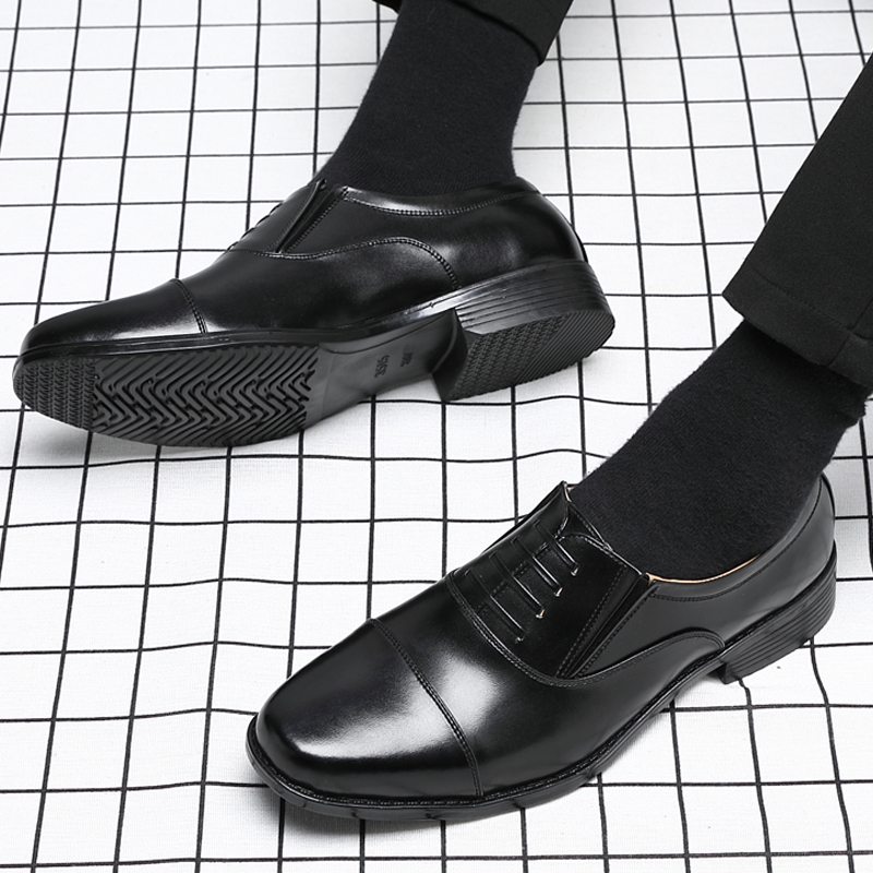 三接头皮鞋男真皮商m务正装皮鞋四型加肥加宽黑白三节头安保鞋婚