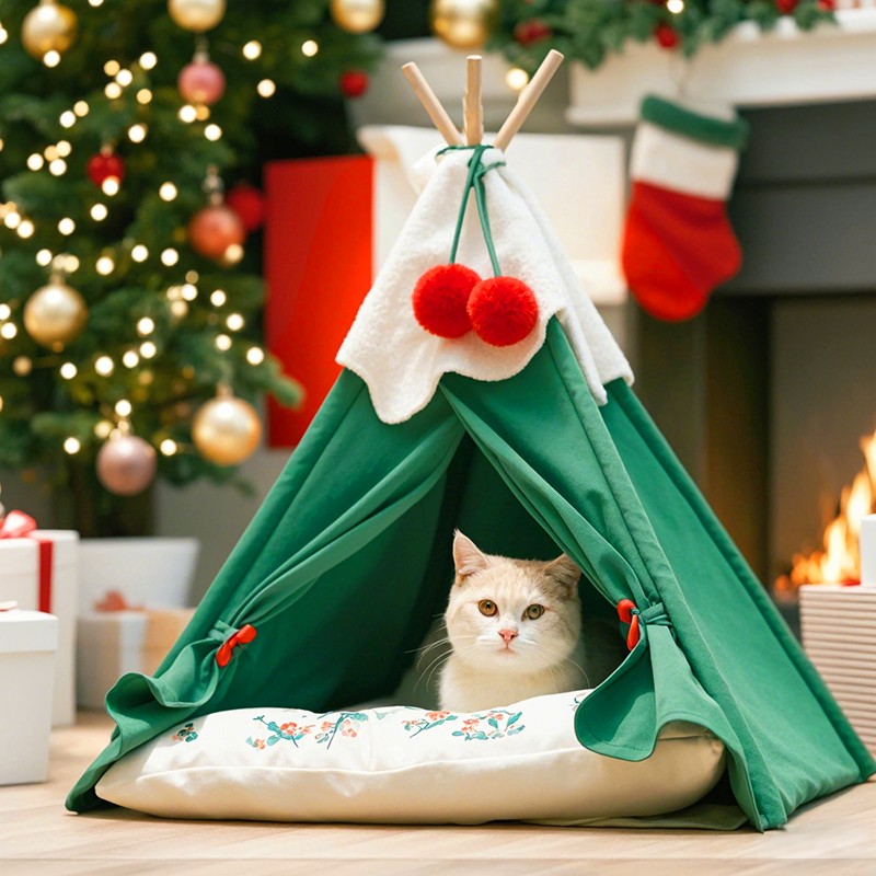 圣诞猫窝雪绒绒宠物帐篷狗窝冬季猫屋半封闭式冬季保暖可拆洗垫子