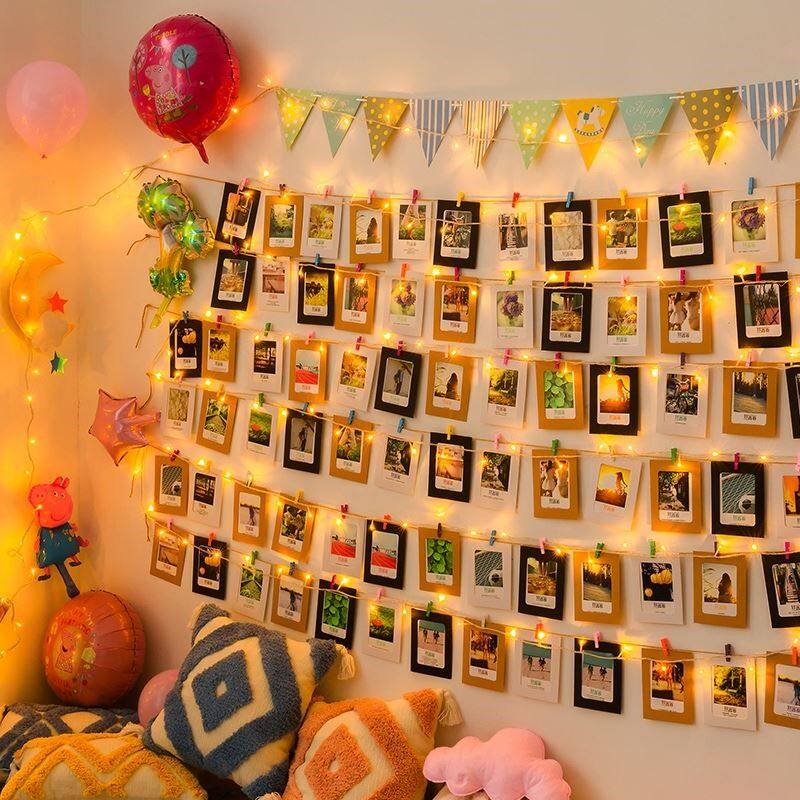 照片墙挂绳面网格生日布置屋顶装饰背景家庭宿舍床头麻绳网拍立得