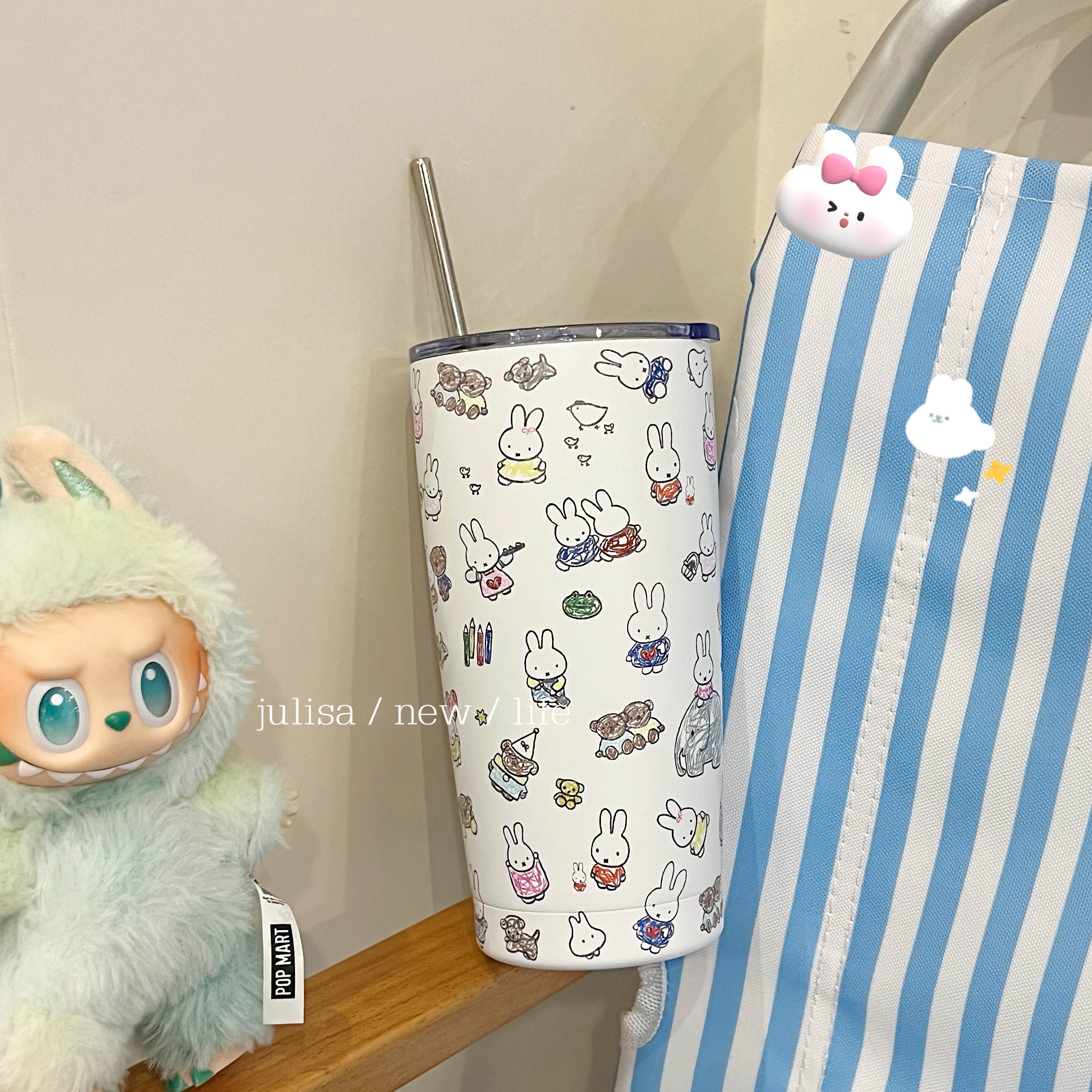 原创手绘小兔子乐园插画大容量304不锈钢保温杯随手喝水吸管杯子