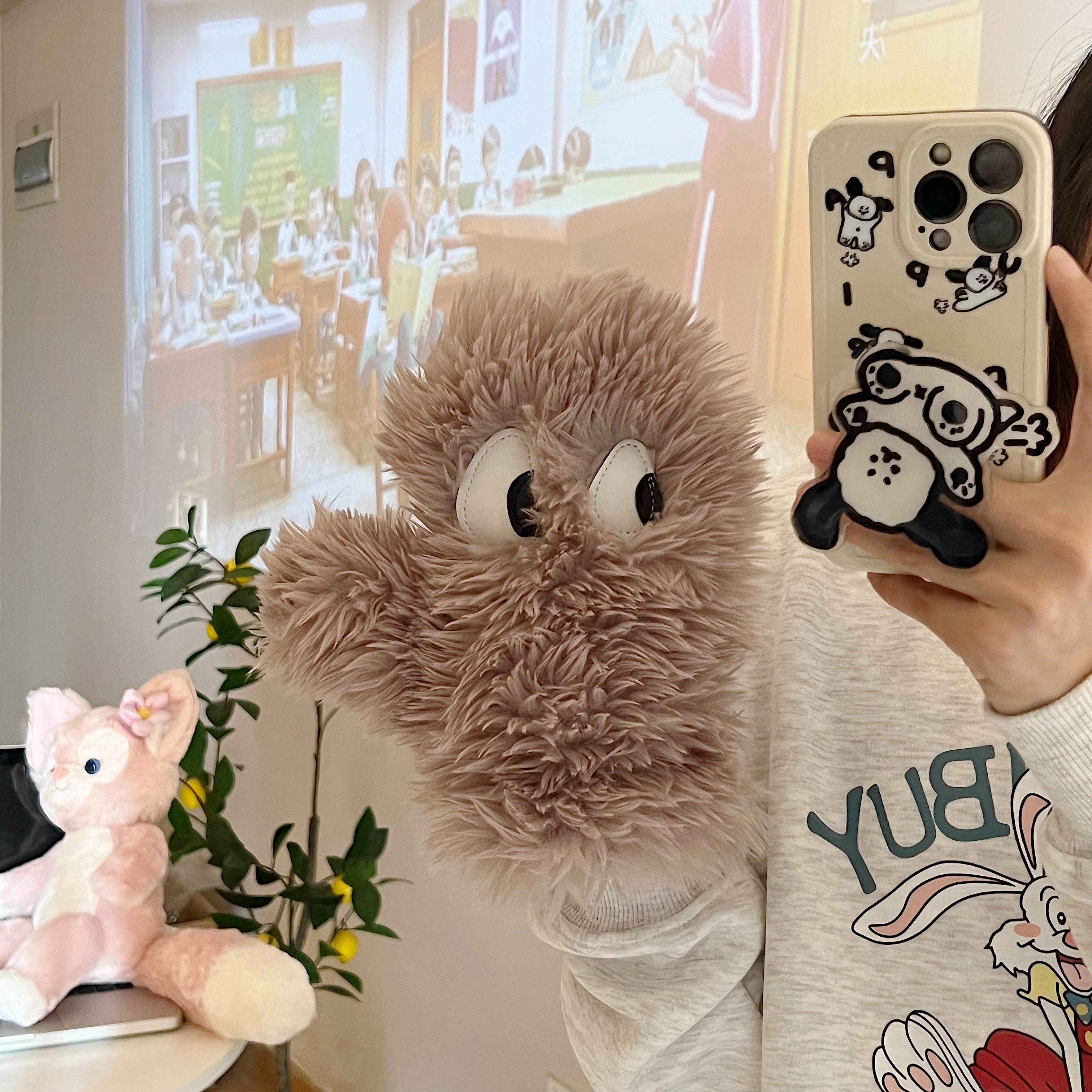 复古长毛小狗加厚保暖情侣手套