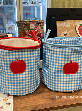 原创限定款~经典蓝色格子大容量脏衣篮复古红苹果圣诞氛围收纳篮
