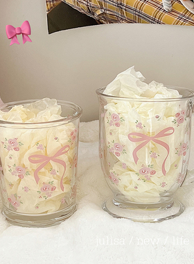 夏日可爱蝴蝶结小碎花透明玻璃喝水杯子冷饮早餐牛奶咖啡杯情侣款