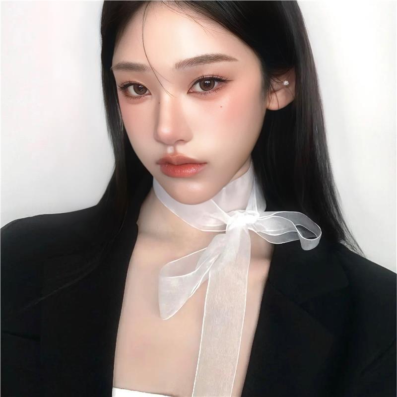 韩国ins风白色网纱丝巾春夏长款女欧根纱飘带氛围感辣妹围巾配饰