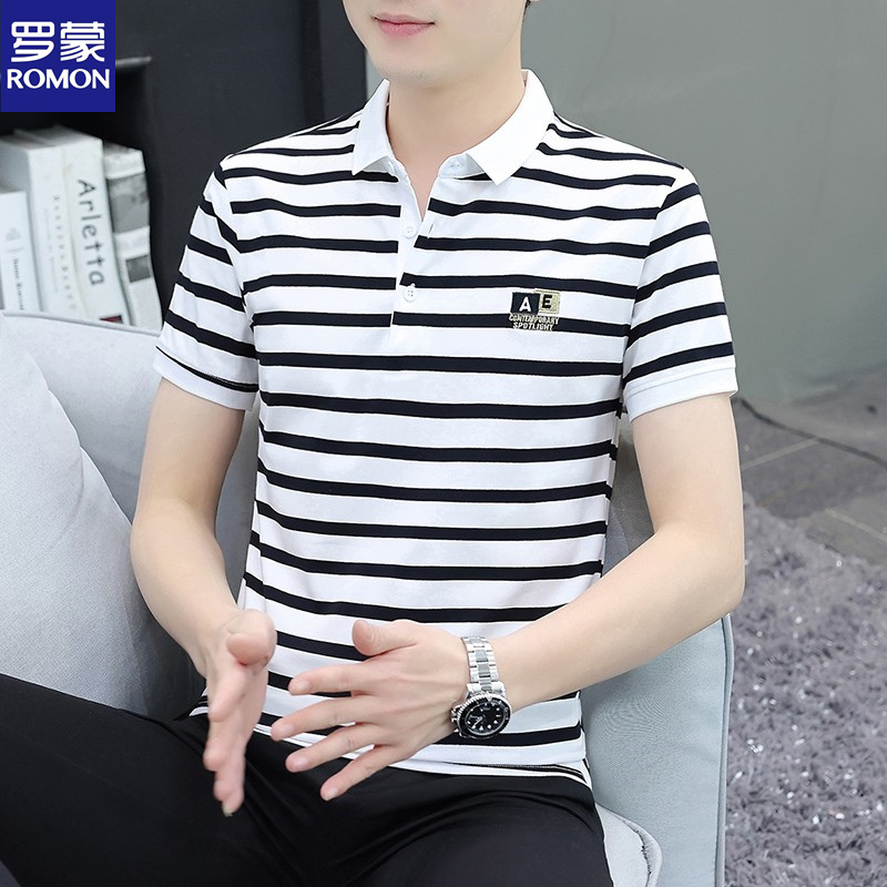 罗蒙男士翻领条纹短袖T恤纯棉polo衫高级感修身男装休闲半袖体恤