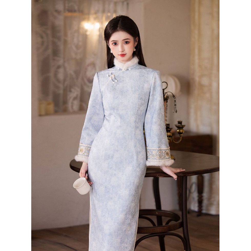 蓝色旗袍2025新款加绒加厚秋冬女新中式改良年轻款长袖连衣裙气质