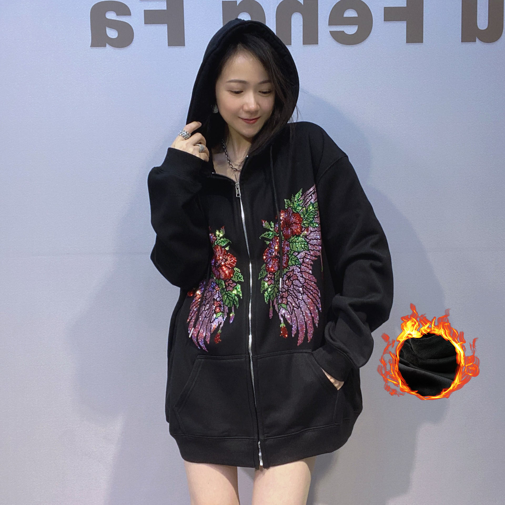 欧货潮牌女装彩钻连帽卫衣开衫拉链外套女冬季慵懒风宽松加绒