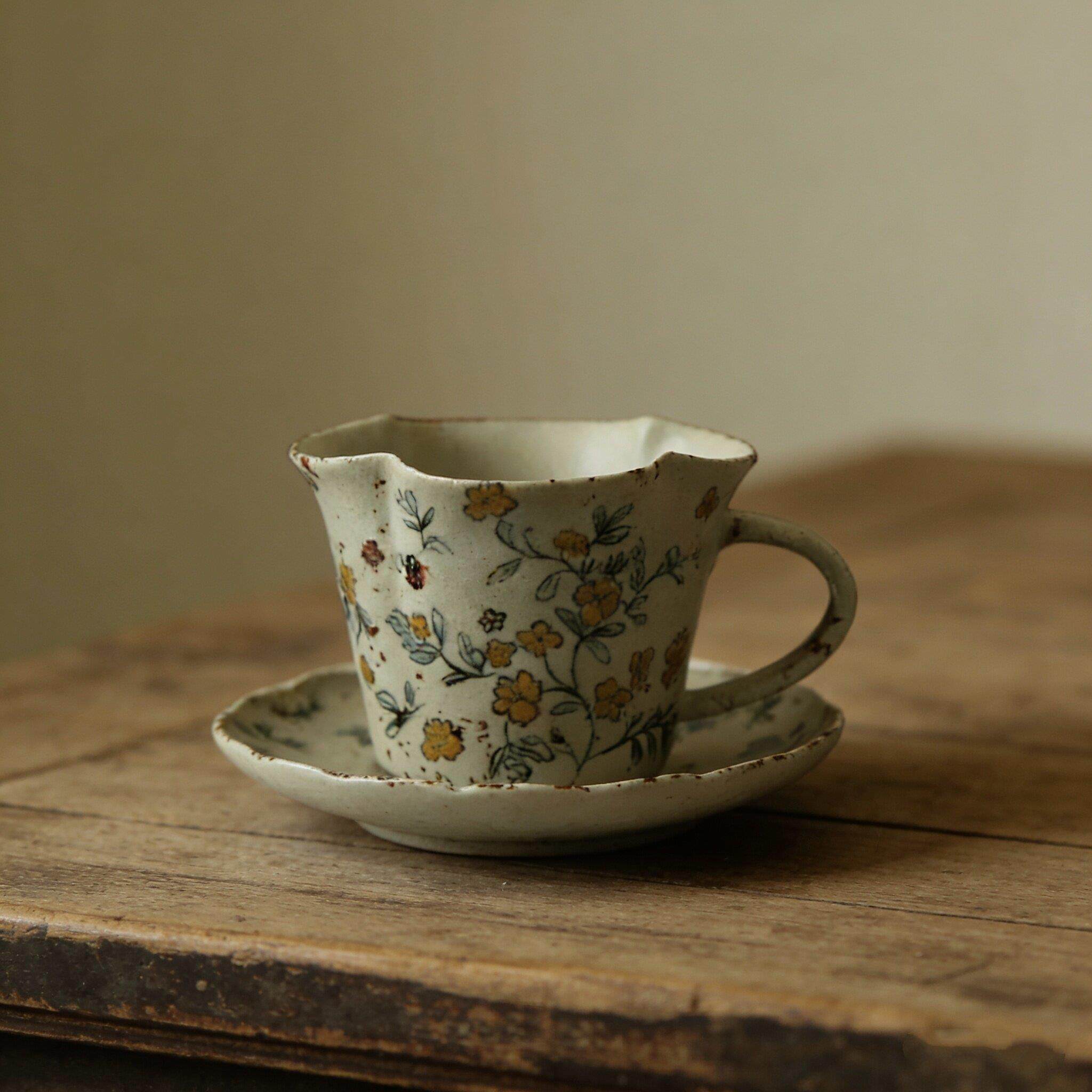 景德镇手工陶瓷猪口杯咖啡杯碟套装高级复古轻奢粗陶茶杯节日礼品