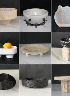 客厅茶几大理石装饰托盘几何石材果盘圆形黄洞石收纳盘家居摆件