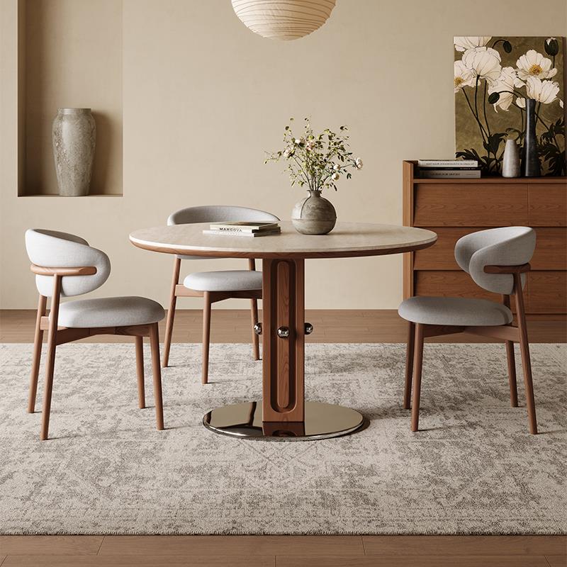 中古风洞石岩板圆桌复古圆形餐桌家用小户型北欧包豪斯实木吃饭桌