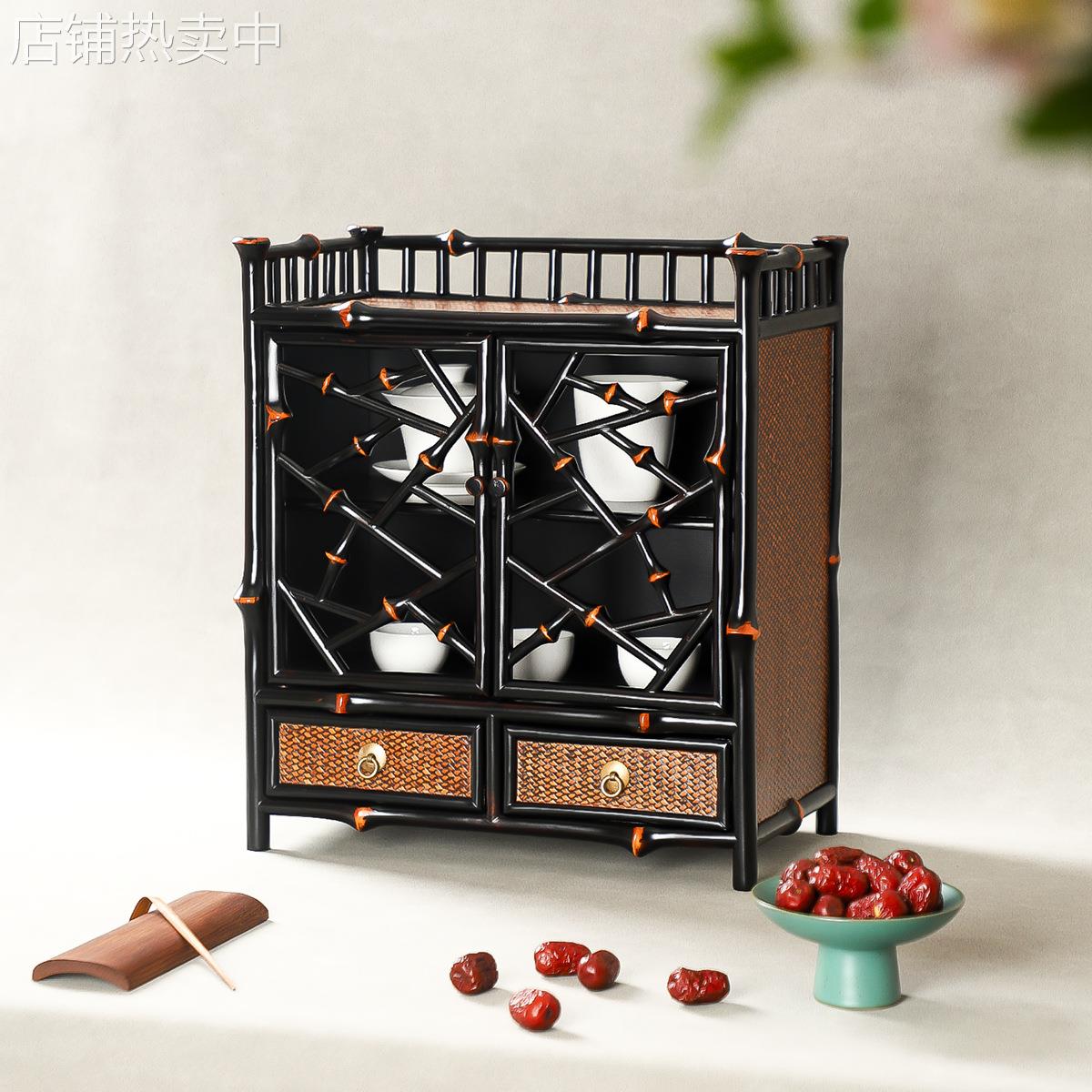 竹制复古茶具置物架博古架收纳架子摆件竹席面茶盘摆盘手工竹编