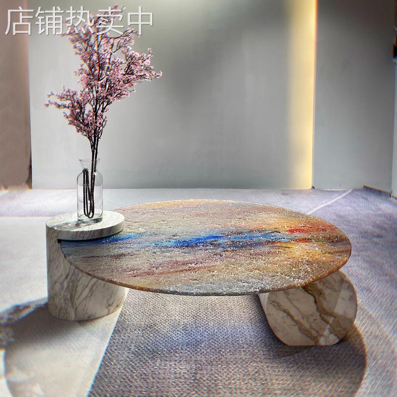 Baxter设计师水波纹茶几玻璃大理石意式简约客厅水晶圆落日纹茶几