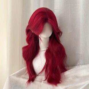 红色假发女前额蕾丝中分刘海海王红长卷发新款日常佩戴整顶假发套