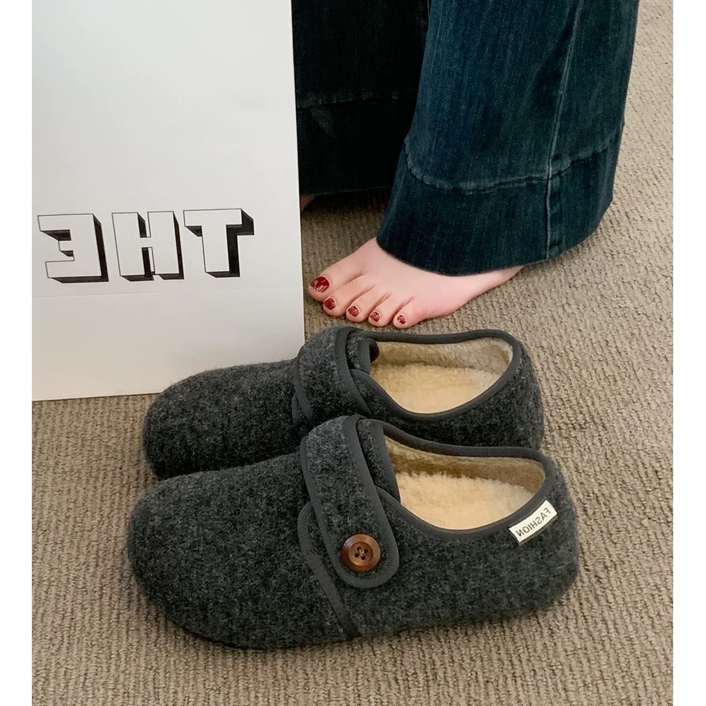 厚底灰色加绒豆勃肯鞋女毛