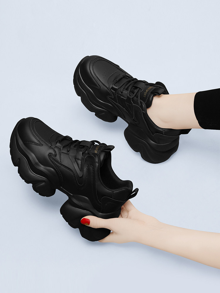 潮牌老爹鞋女软底2025年新款春秋厚底小黑鞋显脚小真皮休闲运动鞋