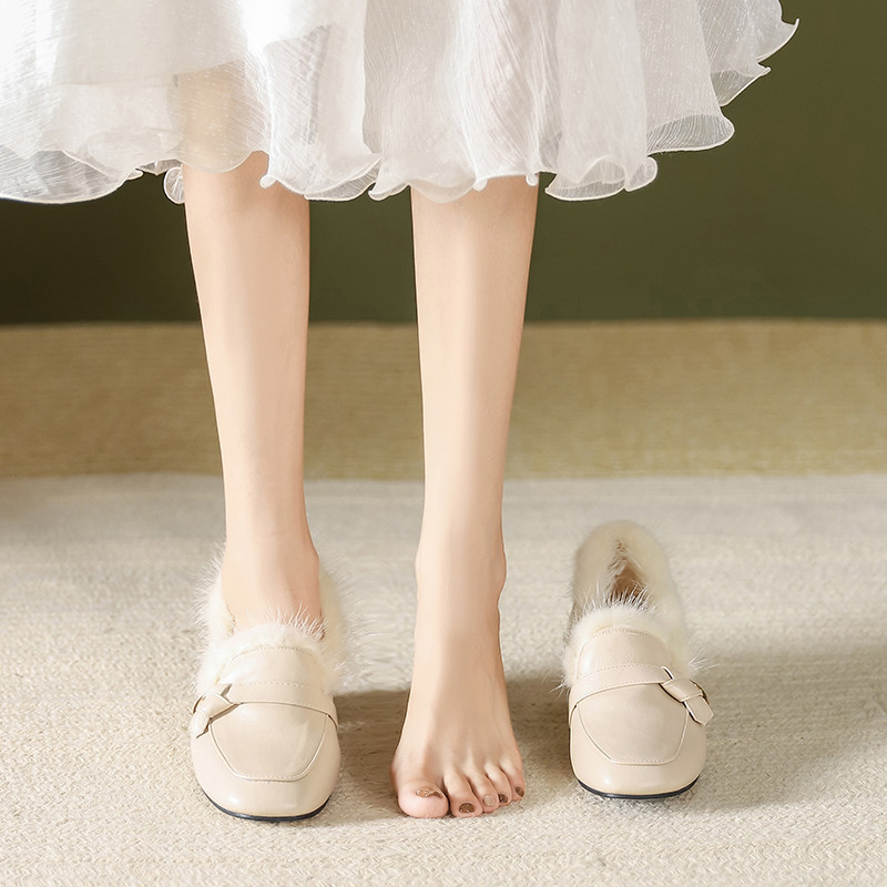 高跟鞋加绒毛毛鞋女外穿2025年秋冬季新款英伦风粗跟真皮乐福鞋子