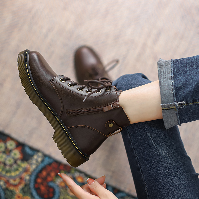 真皮加绒马丁靴女2025年秋冬季新款牛筋平底时尚百搭侧拉链小短靴