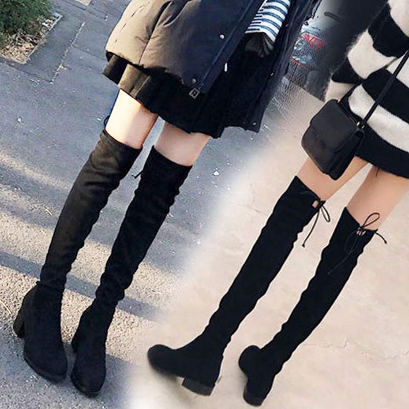 冬加绒过膝中跟长靴女2024春秋新款增高显瘦平底高筒弹力骑士靴子