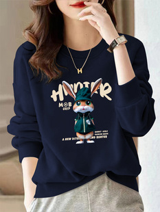 宝蓝色圆领卫衣女2025秋冬新款欧货大码洋气减龄印花加绒加厚上衣