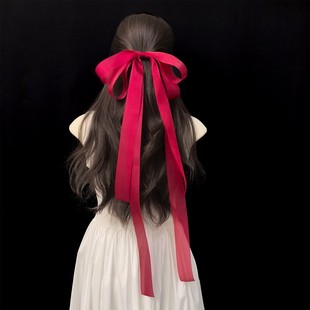 薄沙古风红色蝴蝶结长飘带发夹丝带弹簧夹后脑勺头饰发饰品少女感