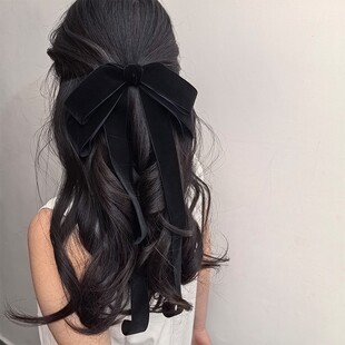 丝绒黑色蝴蝶结发饰飘带超大号发圈头饰高级感顶夹头绳发夹弹簧夹