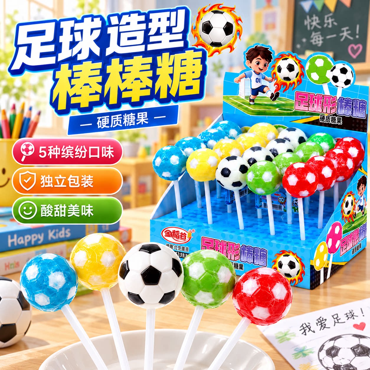 足球形造型棒棒糖硬质糖果水果口味儿童零食盒装儿童礼物解馋玩具