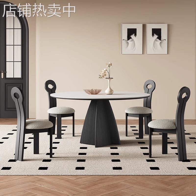 复古实木餐桌家用黑色圆形小户型饭桌法式现代简约复古岩板圆桌