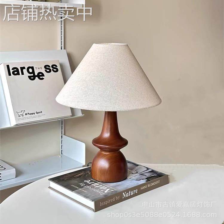 中古实木台灯新中式禅意氛围灯复古卧室床头护眼灯设计师布艺