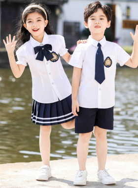 儿童夏季演出小学生班服大合唱朗诵白色衬衫套装幼儿园园服毕业照